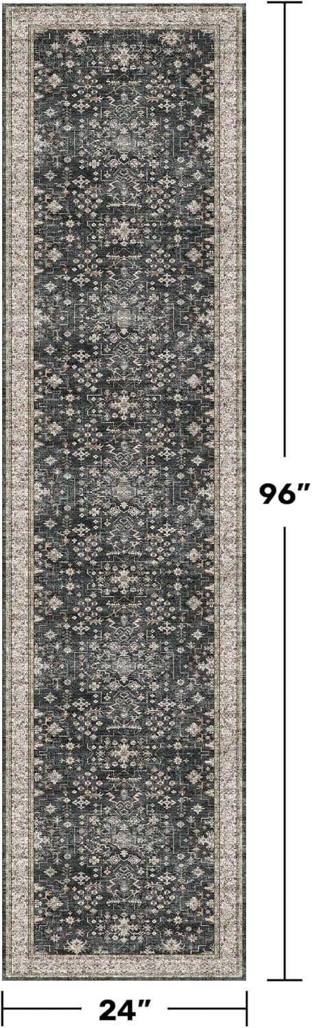 Skiennix 8ft Washable Black Runner Rug - Non-Slip Boho Vintage Design for High Traffic Areas