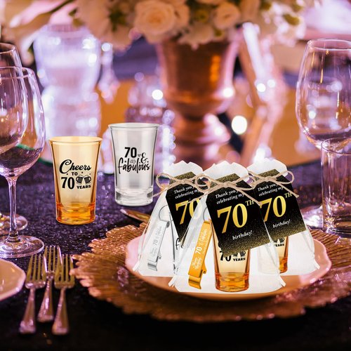 Domensi 50 Sets 70th Birthday Party for Guests Bulk Include Cheers to 70 Short Glasses Beer Bottle Opener Keychains Thank You Cards with Gift Bags and Ropes for Birthday Party Gifts