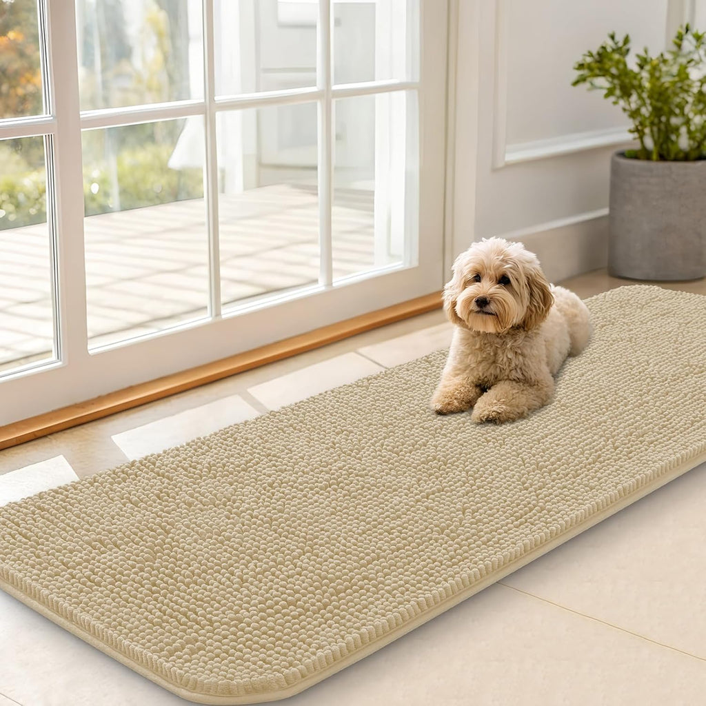 OLANLY Dog Door Mat - Absorbent Non-Slip Chenille Mat for Muddy Paws | 59x20 Inches, Quick Dry, Beige