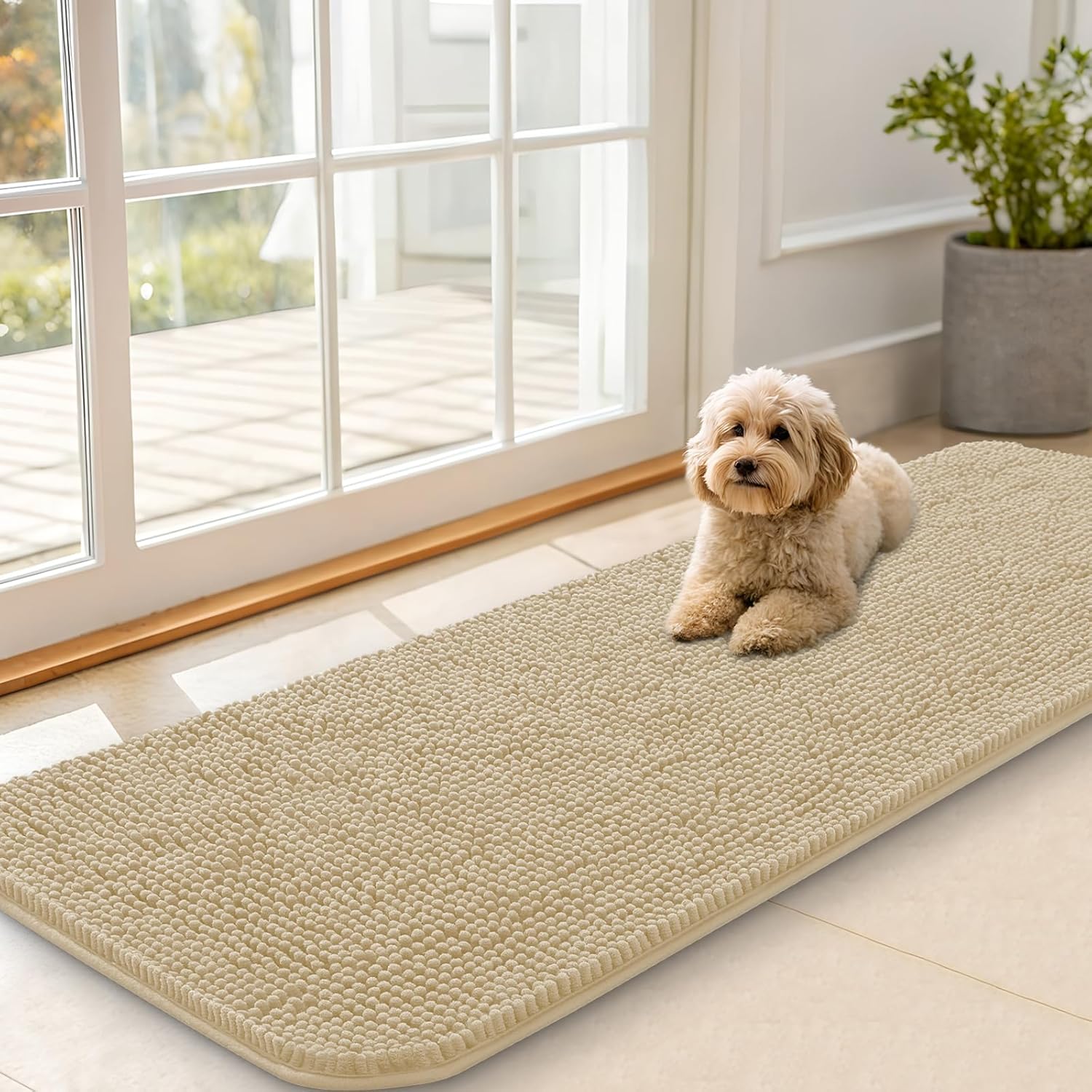 OLANLY Dog Door Mat - Absorbent Non-Slip Chenille Mat for Muddy Paws | 59x20 Inches, Quick Dry, Beige