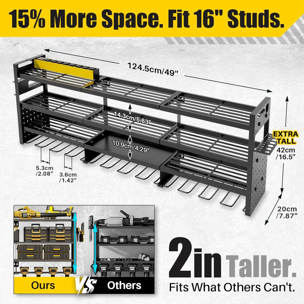 Power Tool Organizer Wall Mount - 8-Outlet TR Charging Station | Heavy Duty Metal Garage Storage Rack