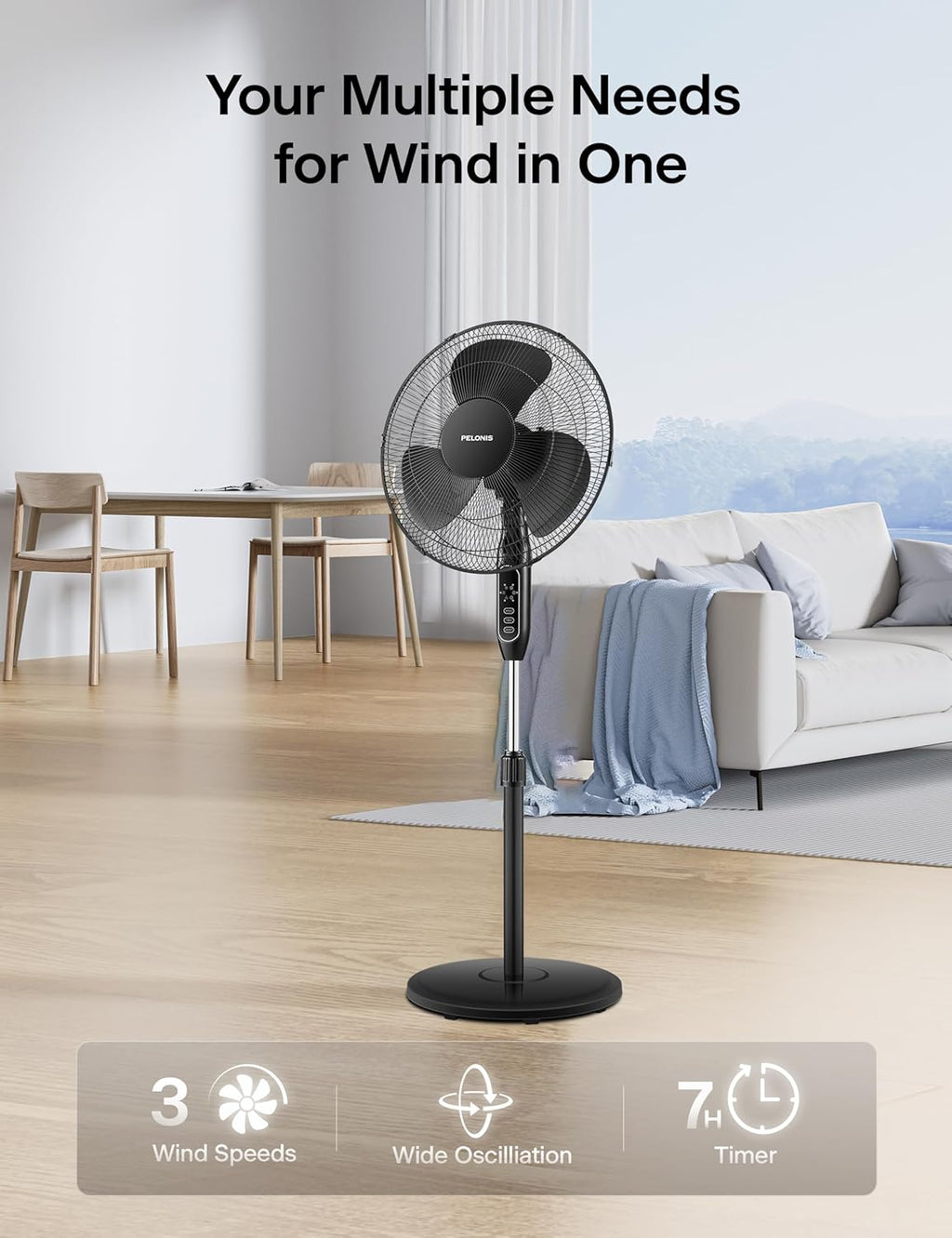 Pelonis 16'' Pedestal Fan - Remote-Controlled, 90° Oscillation, 3 Speeds, Adjustable Height | Ideal for Bedroom, Living Room & Office