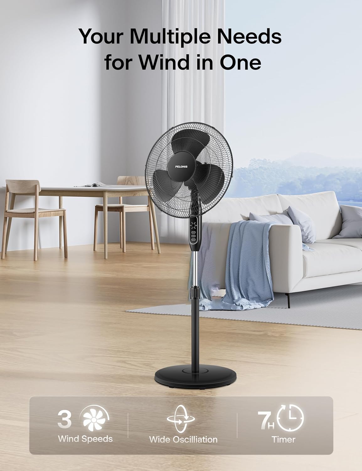 Pelonis 16'' Pedestal Fan - Remote-Controlled, 90° Oscillation, 3 Speeds, Adjustable Height | Ideal for Bedroom, Living Room & Office