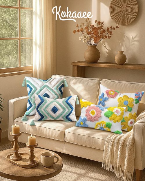 Kokaaee Throw Pillow Covers 18x18 - Tufted Boho Decorative Pillow Cover with Zipper for Couch Sofa Bed Living Room Aesthetic Soft Farmhouse Textured Striped Indoor Pillowcase, Cream Tassel