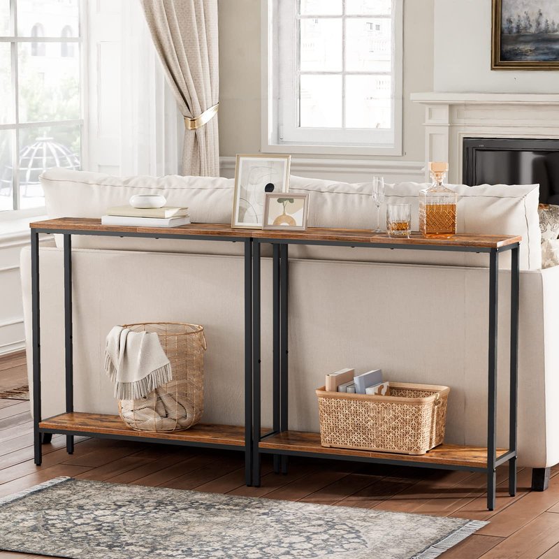 HOOBRO 29.5" L Narrow Console Table, Sofa Table Behind Couch with 2-Tier Storage Display Shelves, 8.7" D Small Entryway Table for Hallway, Foyer, Living Room, Bedroom, Rustic Brown and Black BF22XG01