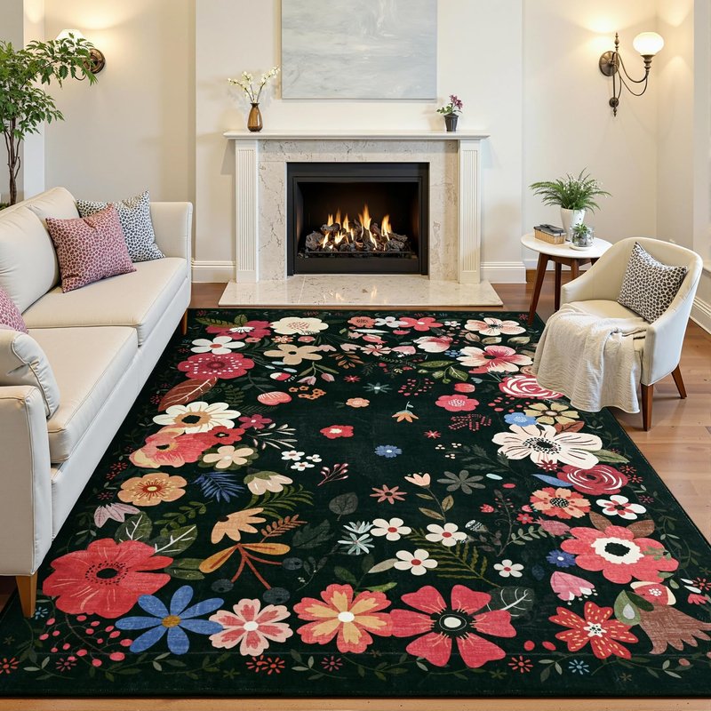 Vasofe 5x7 Rug for Bedroom,Washable Rugs for Living Room, Dining Room, Indoor Floor Mat, Floral Printed Mats for Nrusery, Farmhouse, Laundry Room,Non Slip Low Pile Soft Modern Carpet, Black