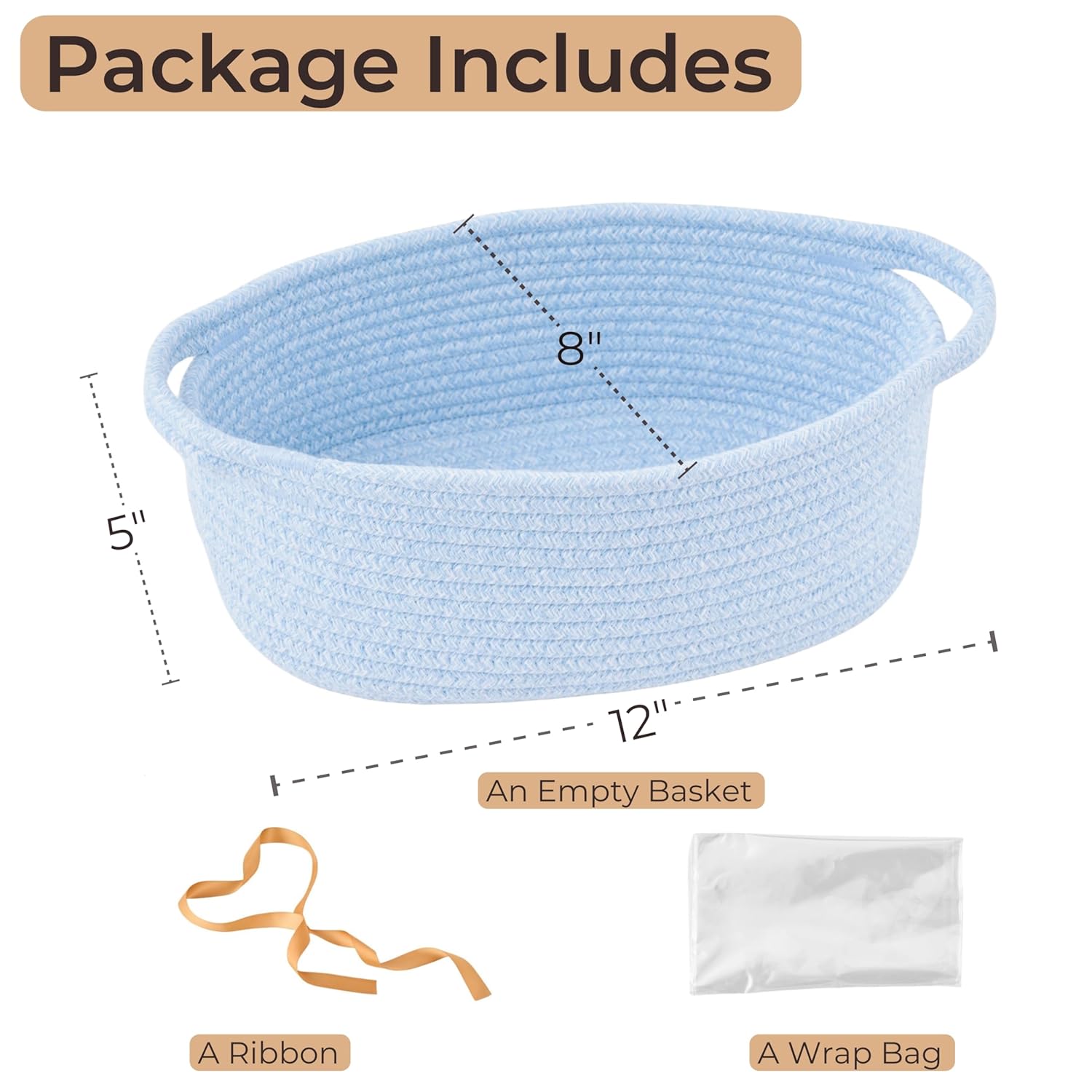 Small Woven Easter Basket by [Brand Name] - Decorative Rope Storage Organizer | Gift Bag & Ribbon Included, 12"x8"x5", Blue