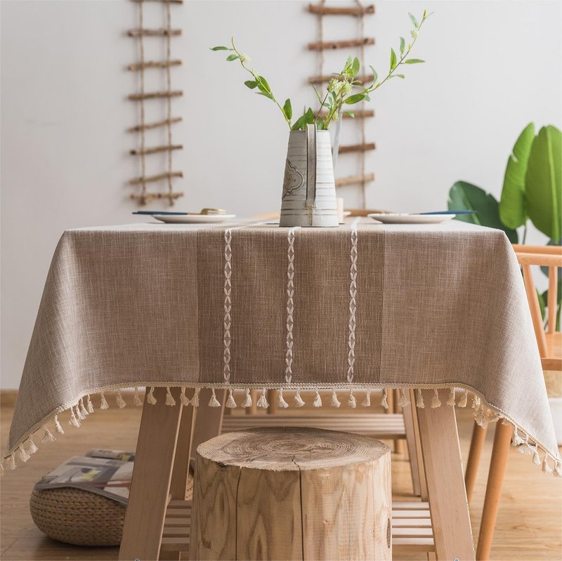 Sutuo Home Boho Cotton Linen Embroidery Table Cloth with Tassel, Tablecloths for Long Rectangle Table, Water Resident Tablecloth for Dining Room Patio Party Oblong, Coffee 55''x 120'', 10-12 Seats