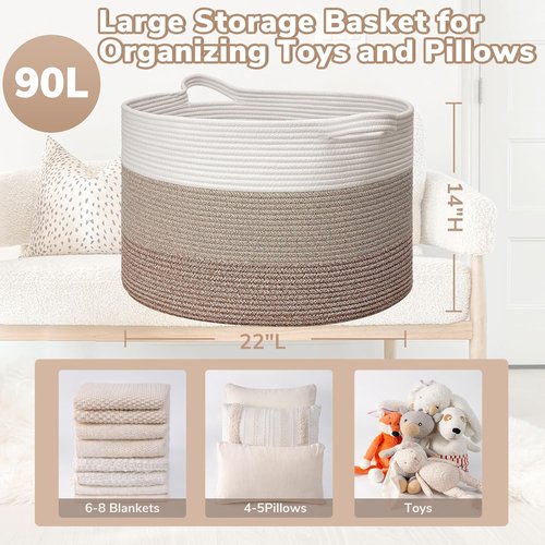 Goodpick Large Woven Rope Laundry Basket - Stylish Storage for Blankets & Toys | 21.7'' x 13.8'', Light Brown