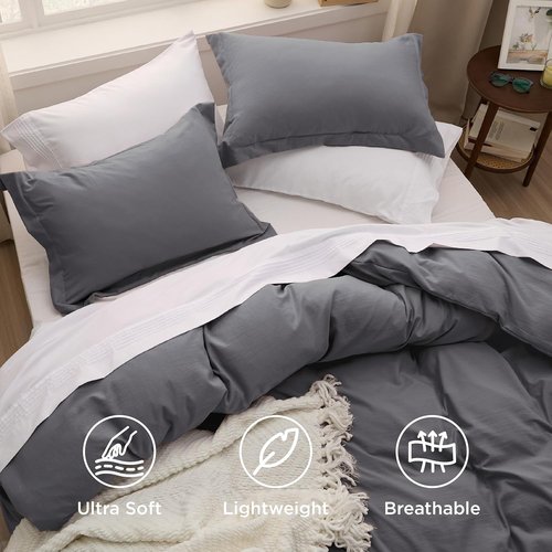 Bedsure Charcoal Grey Duvet Cover Set | Soft 3-Piece Queen Size with Zipper Closure - 90x90 Inches