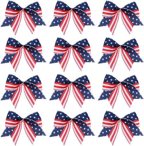 Meseey Patriotic Bow Set - 12 Pcs 6-Inch American Flag Bows for 4th of July Decor & Gift Wrapping