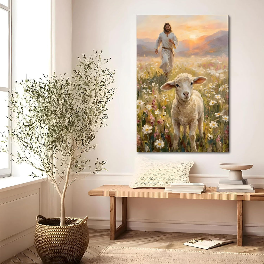 SIXWOOD Canvas Wall Art - Good Shepherd Jesus Seeking Lost Sheep | Framed 12x16 in Christian Decor