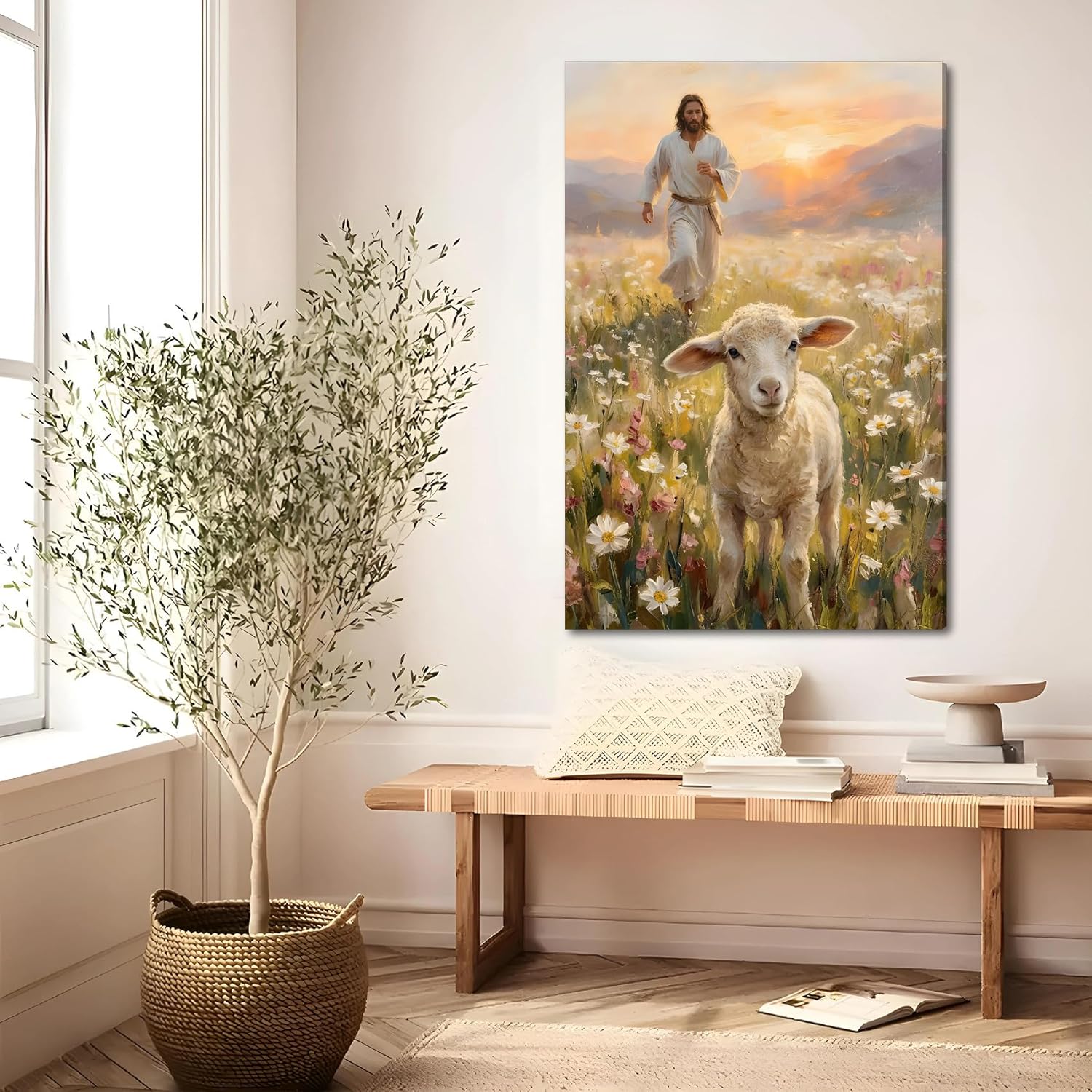 SIXWOOD Canvas Wall Art - Good Shepherd Jesus Seeking Lost Sheep | Framed 12x16 in Christian Decor