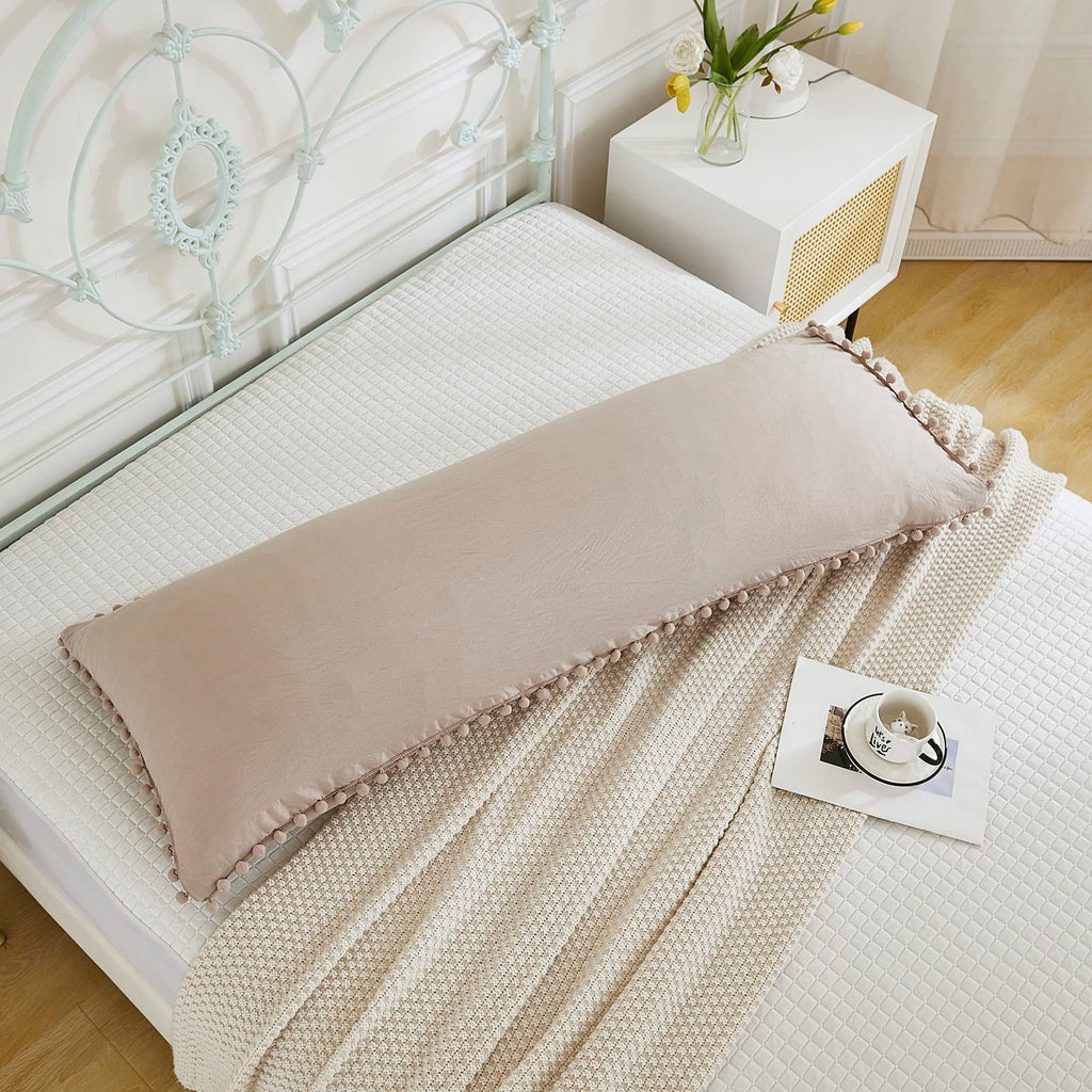 Taupe Body Pillow Cover 20x54 Boho Chic Pom Poms Fringe Decor Light Khaki Body Pillow Case Cover with Pocket Closure