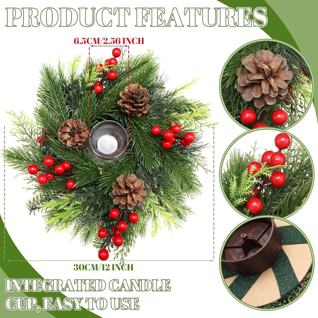 Mumufy Christmas Centerpiece Candle Holder - 12 Inch Mini Tabletop Decoration with Pine Cones & Red Berries