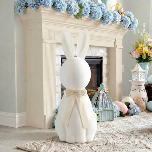 Lineshading White Easter Bunny Decoration - 25" Flocked Standing Bunny Figurine for Porch & Lawn
