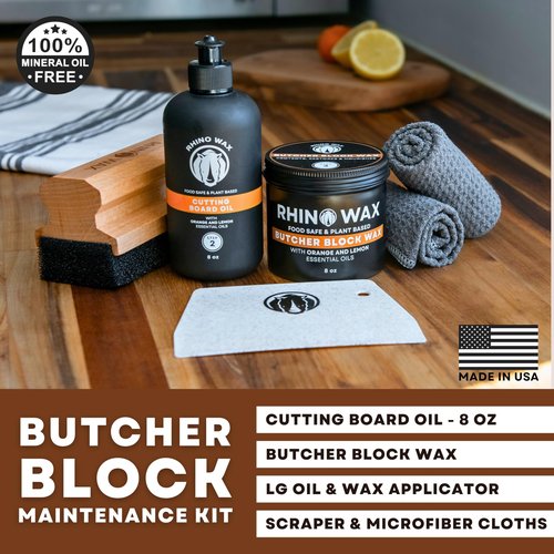 Rhino Wax Butcher Block Maintenance Kit - Includes Cutting Board Oil, Wax (Large 8oz Size), Bench Scraper, Large Applicator, 2 Microfiber Cloths - Natural and Food Safe - Made in USA