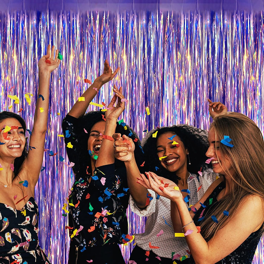Skiennix Iridescent Fringe Backdrop - 3.28x6.56 Ft Purple Foil Curtain | Mermaid Party Decor & Streamers