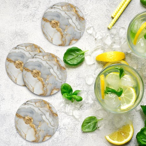 Eizlang Marble Coasters for Drinks 1-Piece Absorbing Round Ceramic Stone Coaster with Cork Base Tabletop Protection Mat for Mugs and Cups