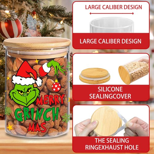 HGIK Christmas Cookie Jar with Lids, Christmas Kitchen Decor 3 Pack Glass Storage Jars, Xmas Decorations Canisters Sets with Airtight Bamboo Lid for Countertop, Clear Glass Storage Jars