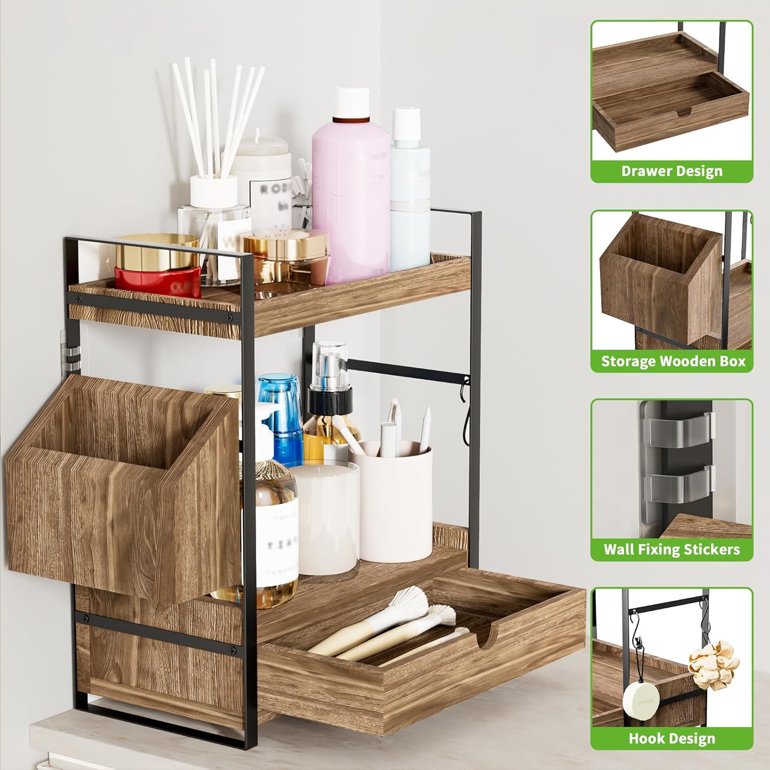Skiennix 2-Tier Bathroom Counter Organizer - Wood Vanity Storage with Drawer & Basket | Dark Brown