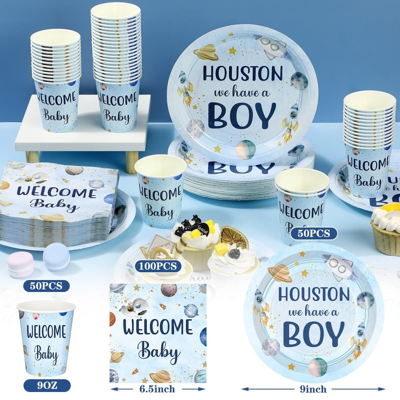 Hushee 200 Pcs Outer Space Baby Shower Paper Plates Napkins Cups Baby Shower Party Supplies Tableware Set Disposable Cup Napkin for 50 Guest Party Decoration