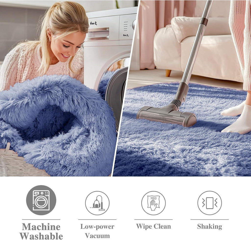 OLANLY Denim Blue Round Rug - Soft, Machine Washable 4 ft Circle Area Rug for Bedroom & Living Room Decor
