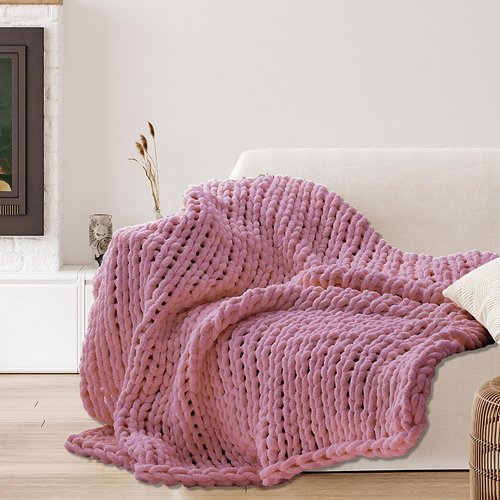 Chenille Chunky Knit Throw Blanket 60"×80" 100% Hand Knitted with Thick Jumbo Chenille Yarn for Bed Couch Soft Cozy and Machine Washable Cute Comfy Blanket for Home Decor ((Light Pink, 60"×80")