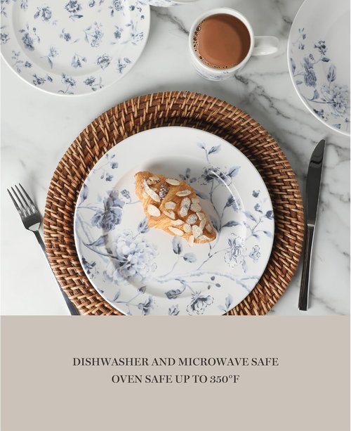 Martha Stewart Empress Bouquet Dinnerware Set - 30 Piece Porcelain Plates & Bowls | Chip & Scratch Resistant - Blue Floral