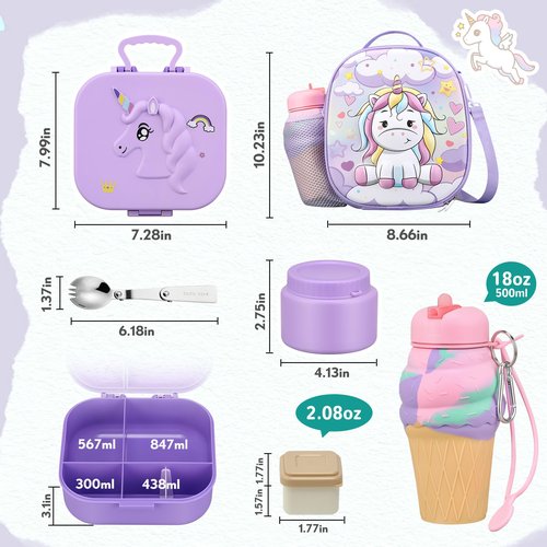 Aimsnk Kids Lunch Box Set -12oz Insulated Food Jar, Thermal Bag,Leakproof Lunch Food Containers Cutlery (BPA Free)-Gift for Girls/Boys Age 3-10(Purple+Purple Jar)