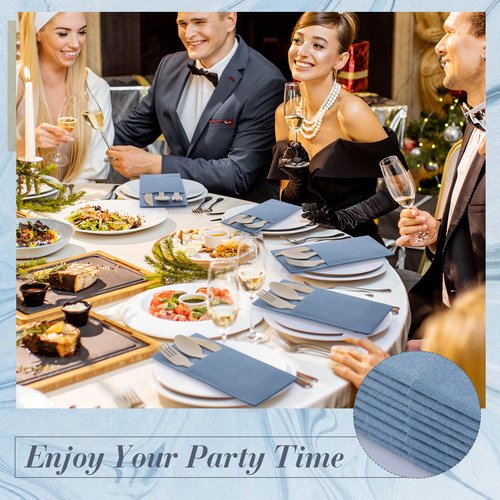 Gueevin 200 Pcs Wooden Cutlery Set Disposable Wood Utensil for 50 Guest Fork Spoon Knives Linen Napkin Disposable Cutlery for Wedding Party Supplies Event and Takeout(Dusty Blue)