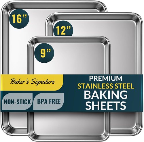 Baker’s Signature Stainless Steel Cookie Sheet Set - Non-Stick, Rust Resistant, Dishwasher Safe | 3 Sizes: 9/12/16 Inch