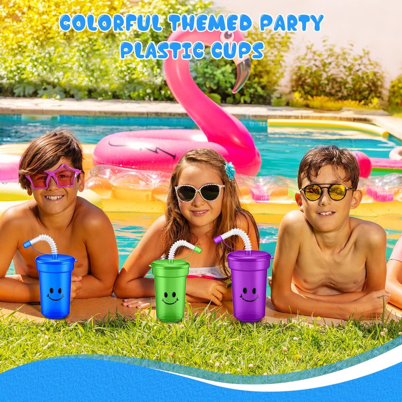 Mumufy Kids 12 oz Neon Cups Bulk Laugh Face Neon Colorful Plastic Cups Reusable Summer Birthday Supplies Kids End of the Year Present for Students(48 Pcs)
