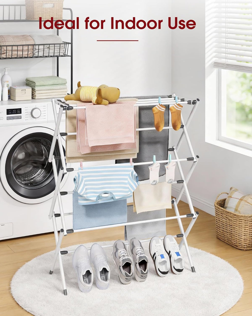 Sakugi Foldable Clothes Drying Rack - 3-Tier Metal Laundry Organizer with Non-Slip Feet, 11.4"D x 29.1"W x 37.4"H, White & Black