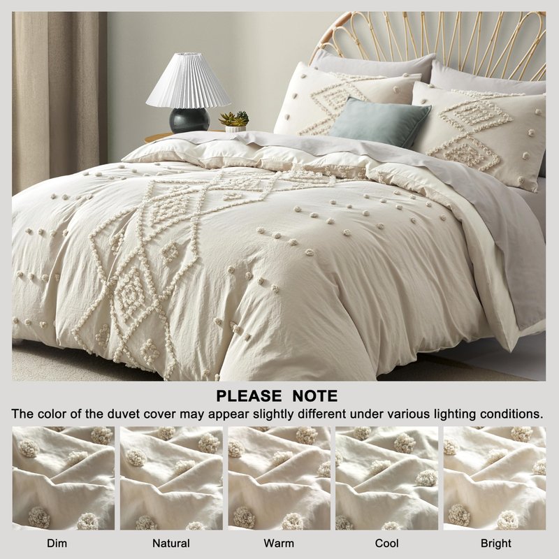 Oli Anderson Tufted Duvet Cover King Size, Soft and Lightweight Duvet Covers Set for All Seasons, 3 Pieces Boho Embroidery Shabby Chic Bedding Set (Beige, King, 104" x 90")