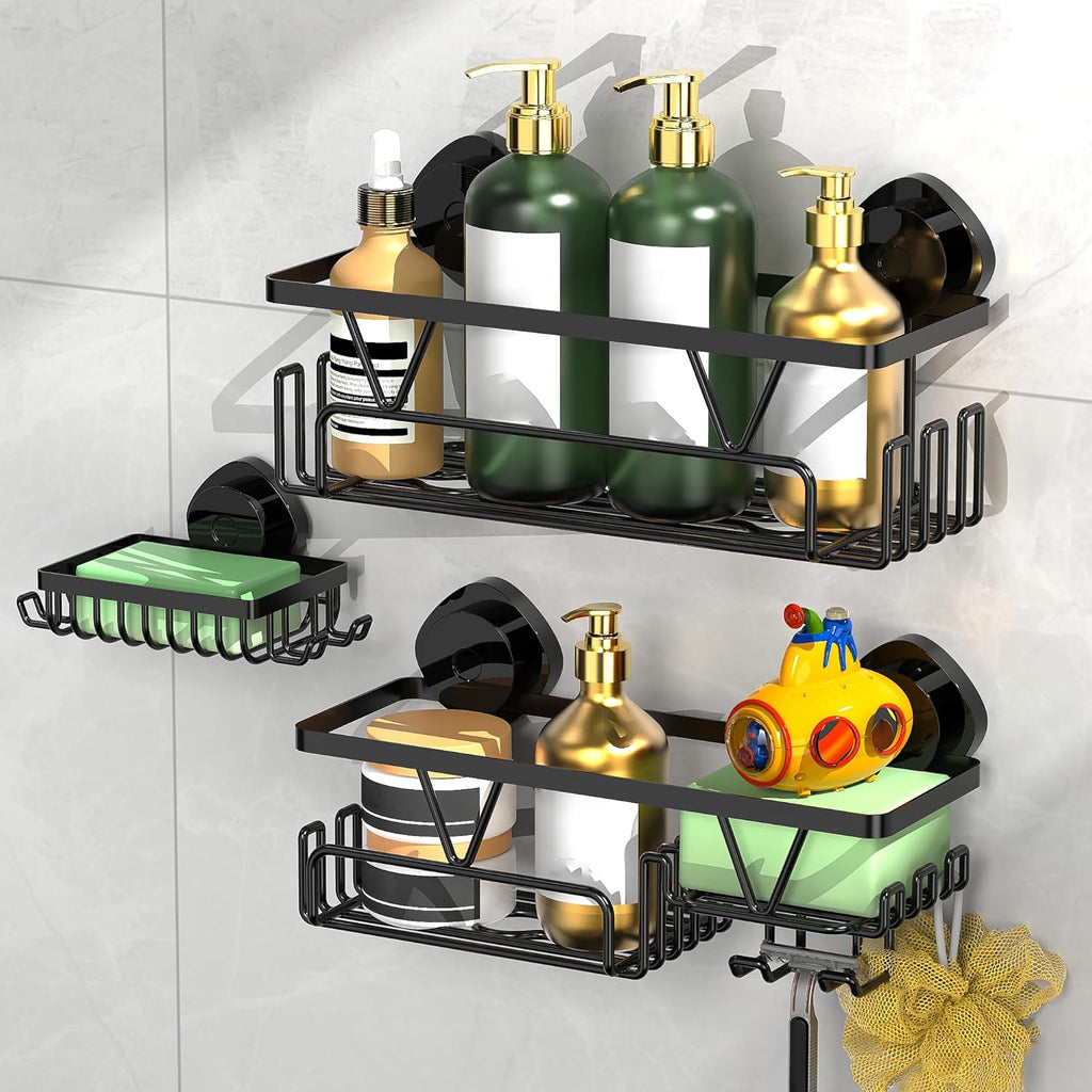 ZUNTO Shower Caddy - 3-Piece Suction Cup Organizer Set with Soap Holder & Hooks | No-Drill Bathroom Shelves