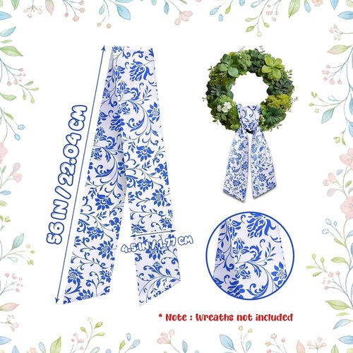 Azym Wreath Sash Set - Elegant Blue Floral Ribbon for Front Door & Indoor Decor | 2 Pcs