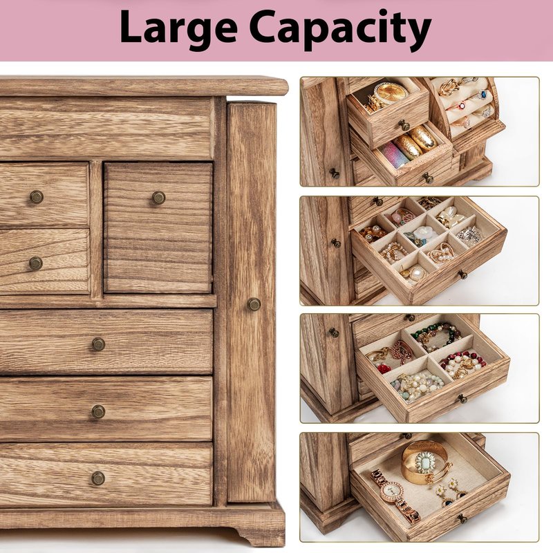 Yoimori Jewelry Box for Women, Rustic Wooden Jewelry Boxes & Organizers with Mirror & Drawers,6 Layer Jewelry Organizer Box for Rings Earrings Necklaces Bracelets (Carbonized Black)