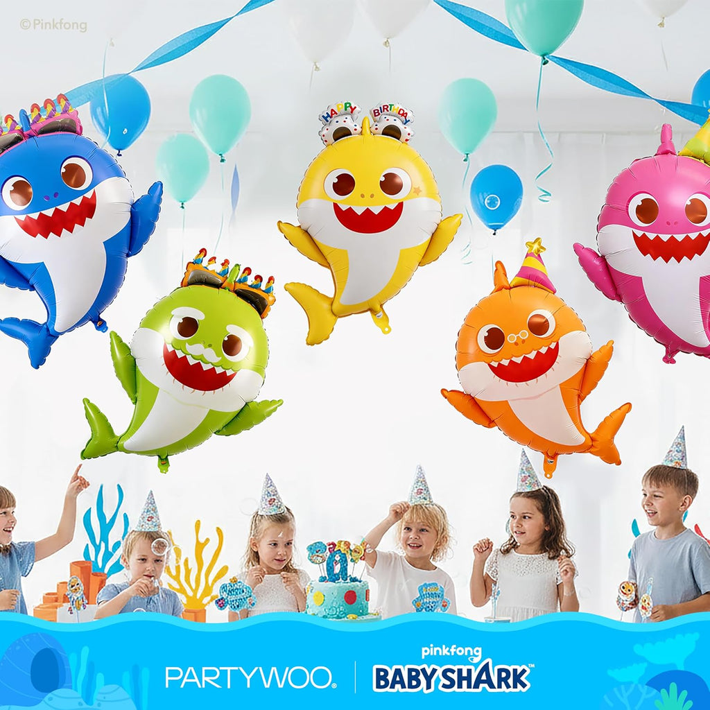 PartyWoo Baby Shark Family Foil Balloons - 5pcs Mylar Helium Balloons for Ocean-Themed Birthday Party | 36-34-32 Inch
