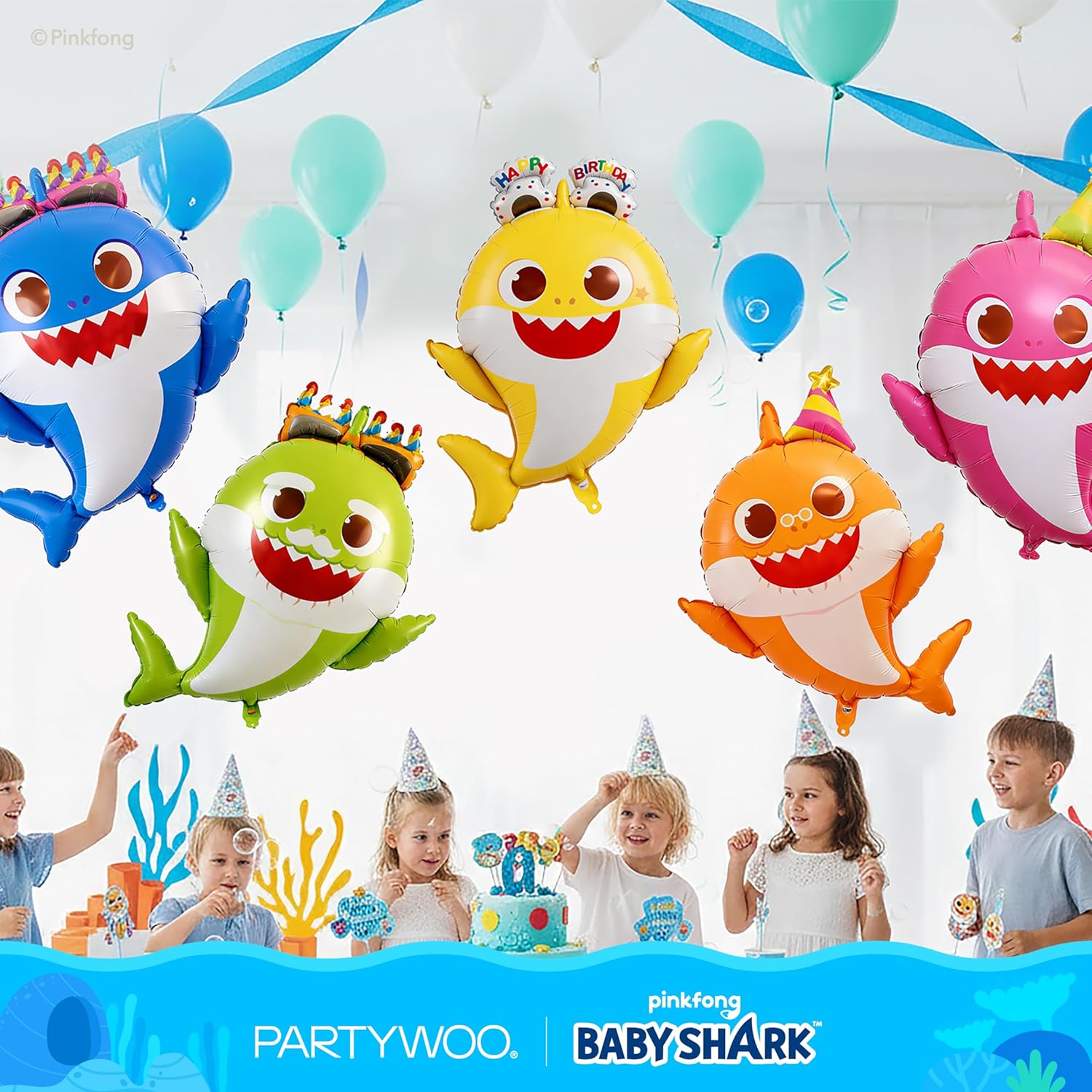 PartyWoo Baby Shark Family Foil Balloons - 5pcs Mylar Helium Balloons for Ocean-Themed Birthday Party | 36-34-32 Inch