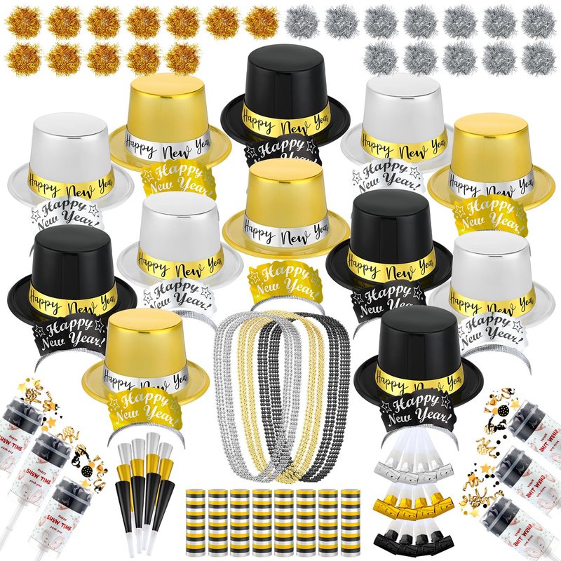 Ceenna 2026 New Year's Eve Party Decorations Supplies for 24 Guests 12 New Year Hats 12 Tiara 12 Blowing Horns 12 Metallic Fringed Noisemakers 24 Necklaces 24 Bracelets 10 Celebrations