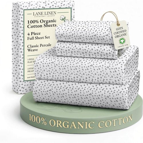 LANE LINEN 100% Organic Cotton Full Size Sheet Set - Soft Percale Bedding with 15" Deep Pockets | Haze Grey