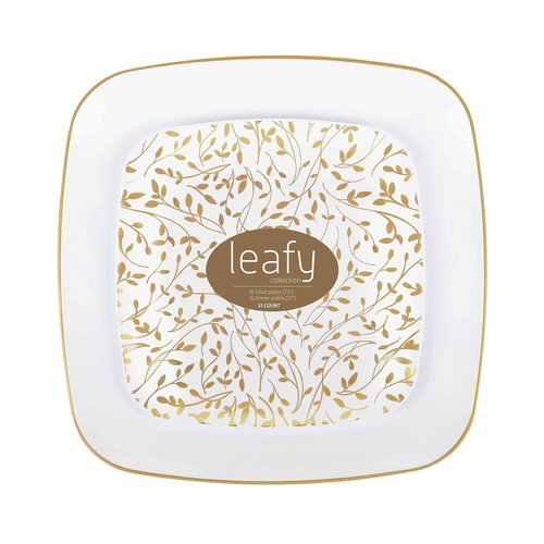 PLASTICPRO Square 32 Piece Combo Plates Set includes 16 x 7'' inch Salad Plates & 16 x 10'' inch Dinner Plates White Plastic with Gold Leaf Design Party Plates, Premium heavyweight