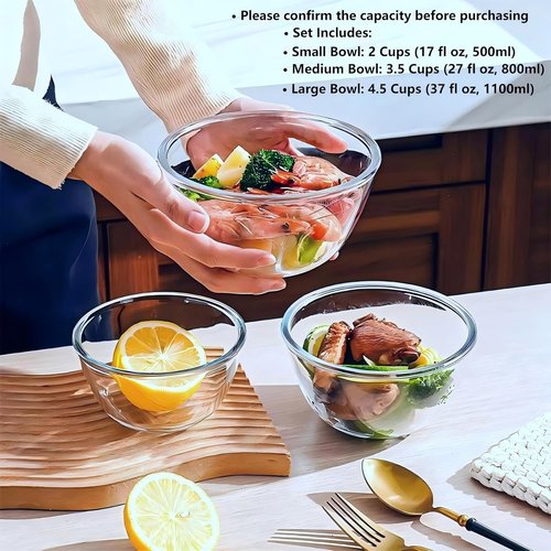 Borosilicate Glass Bowls Set by [Brand Name] - Oven & Microwave Safe | Sturdy, Stackable Nesting Bowls (Set of 3) - 17, 27, 37 oz