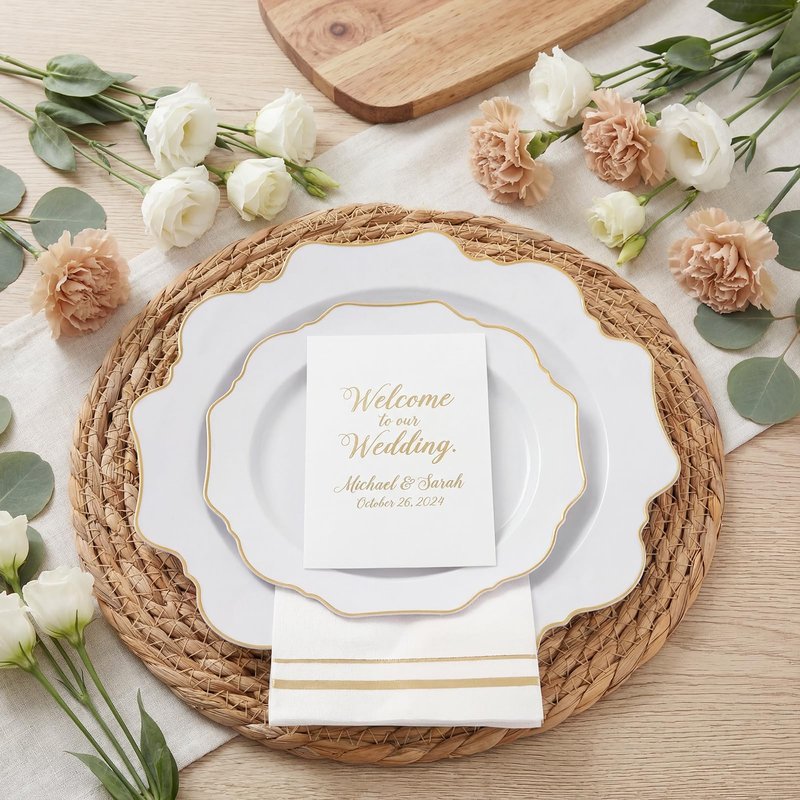 WDF 350PCS White and Gold Plastic Plates - Gold Plates Disposable 50Guest Plastic Dinnerware Ideal for Party/Wedding/Birthday/Mother's Day