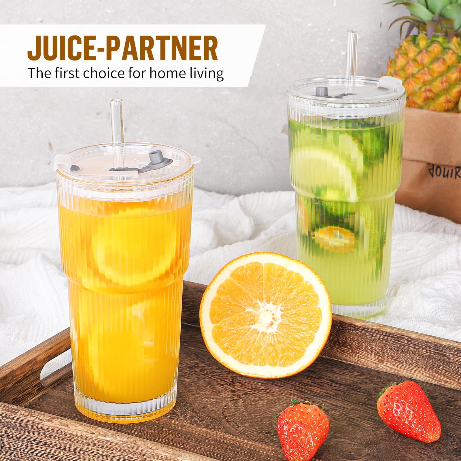 CWHHRN 20 oz Glass Cup with Lid and Straw, Glass Tumbler with Straw and Lid, Vintage Glassware for Whiskey Cocktail Beer, Iced Coffee Cups with Lid (1 PACK)