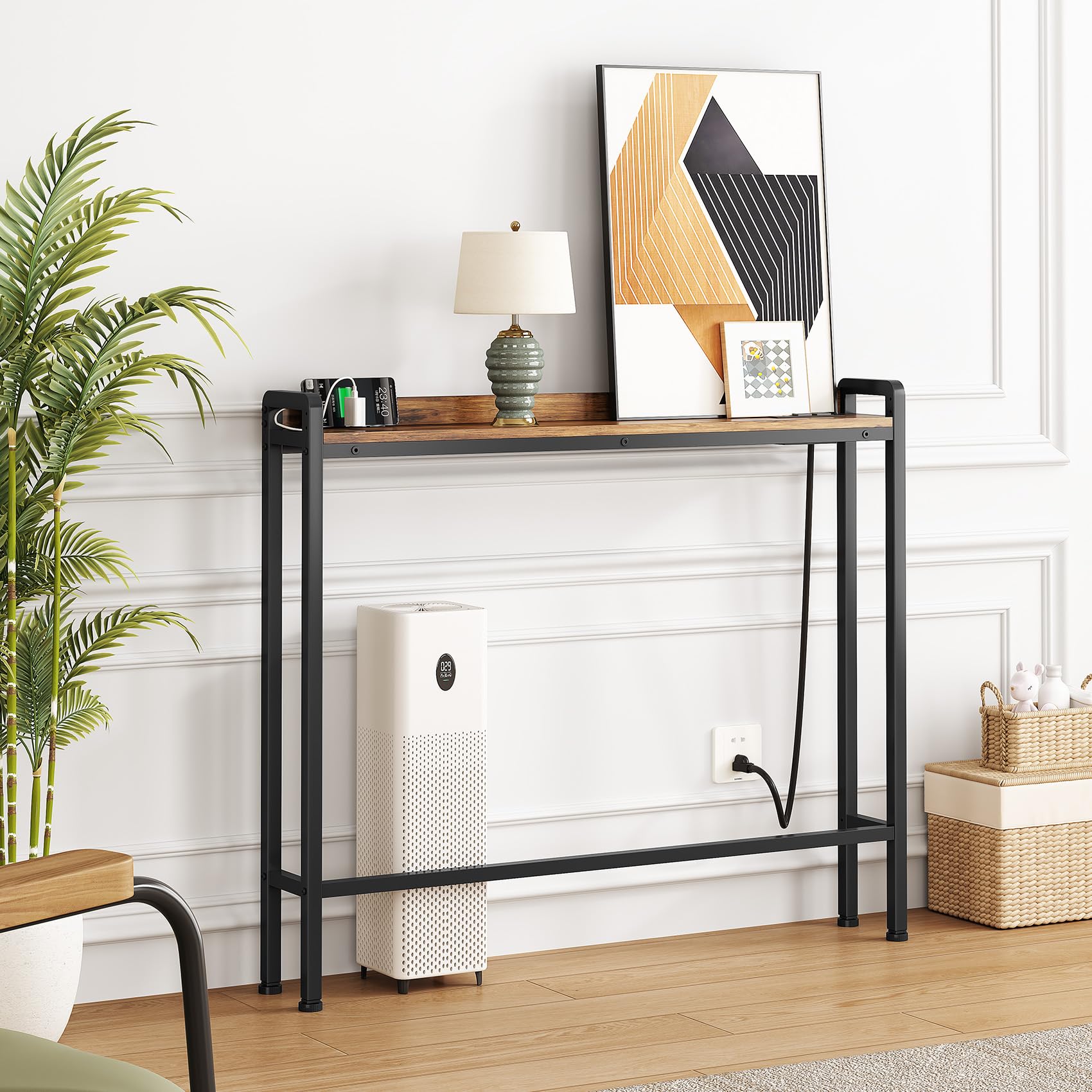 Kitstorack Narrow Entryway Console Table with Elevated Rear Fence & Power Outlets, Skinny Behind Couch Table, 39.4" Long x 5.9" Wide x 33.3" High, Thin Small Sofa Side Table for Living Room, Brown