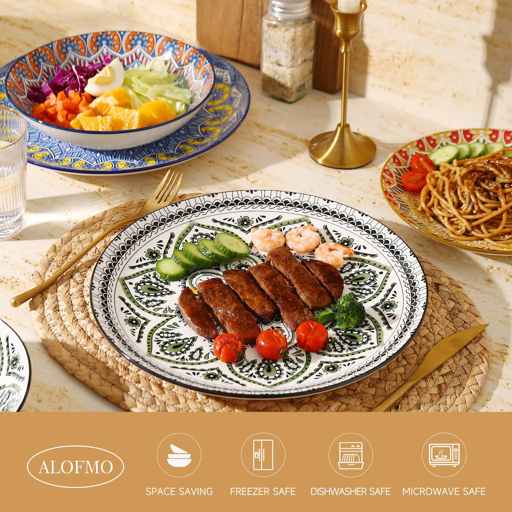 Ceramic Dinnerware 12 Pieces Dinner Set,Plates Pasta Bowls Cereal Bowls Reactive Change Glaze Dish Sets, Modern Stoneware Dishe Bohemian colors (Bohemia)