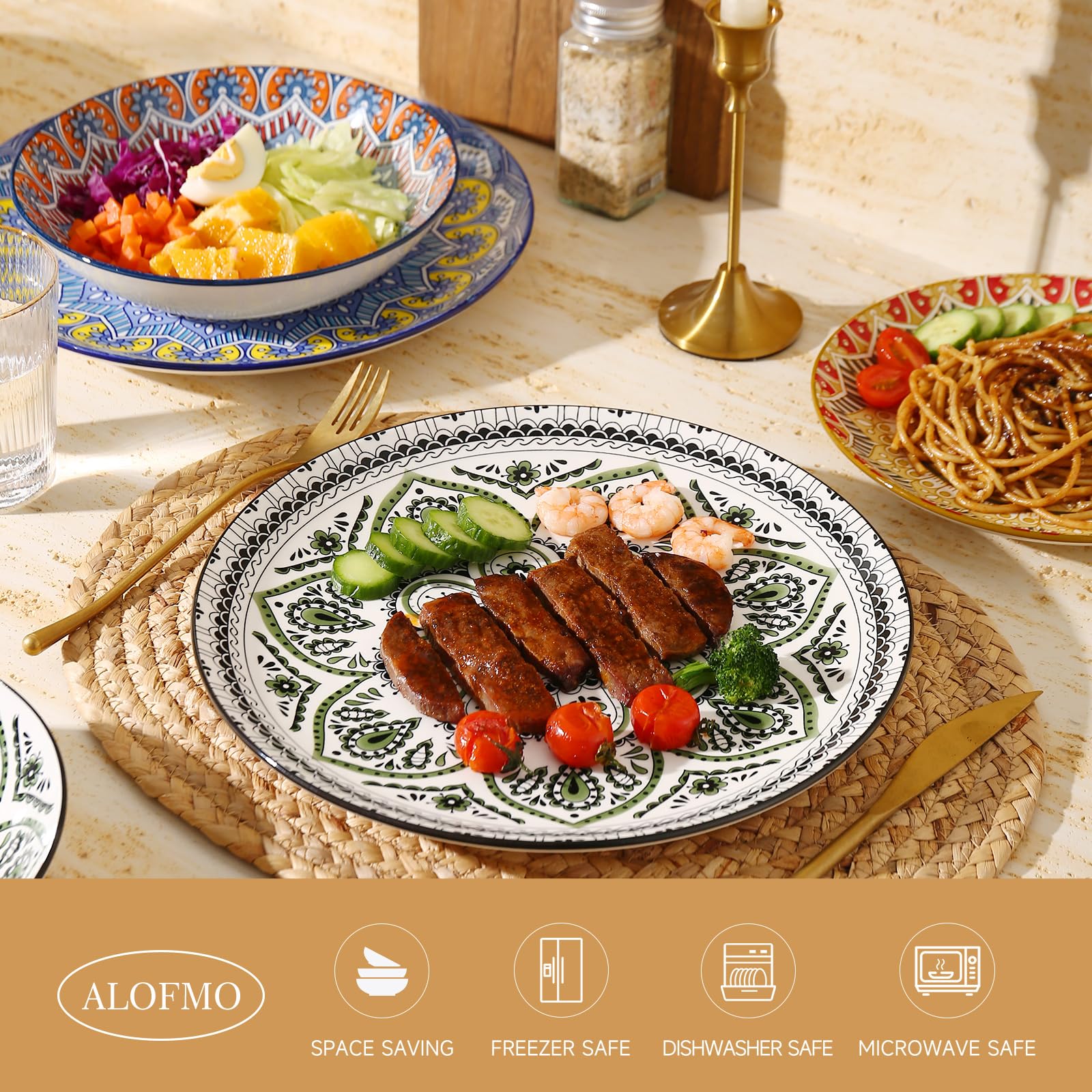 Ceramic Dinnerware 12 Pieces Dinner Set,Plates Pasta Bowls Cereal Bowls Reactive Change Glaze Dish Sets, Modern Stoneware Dishe Bohemian colors (Bohemia)