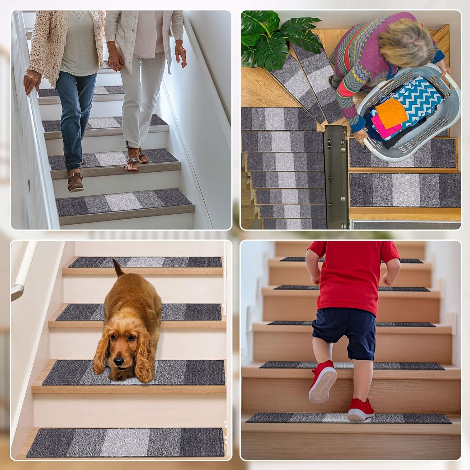 OLANLY Non-Slip Stair Treads - 15PCS Indoor Stair Runners for Wooden Steps | 8" x 30" Grey Edging Rugs